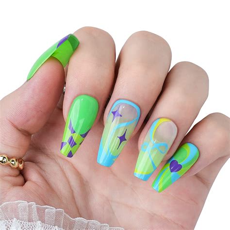 Amazon.com: Press on Nails Medium Coffin, 24pcs Green Carnival Acrylic ...