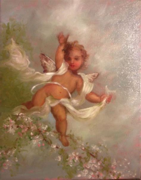 BARNES OIL PAINTING ANTIQUE VINTAGE STYLE CHERUB ANGEL ROSE PINK CHERRY ...