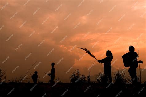 Premium Photo | Group of happy children playing on meadow at sunset, silhouette