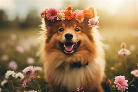 Premium AI Image | beautiful dog with flowers outdoor