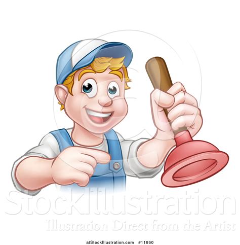 Vector Illustration of a Cartoon Happy White Male Plumber Holding a ...