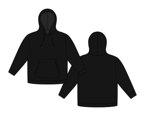 Hoodie template in black color. Apparel hoody technical sketch mockup. Sweatshirt with hood ...