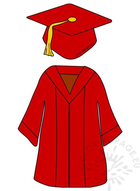 a red graduation gown with a yellow tassel on the cap and gown is shown