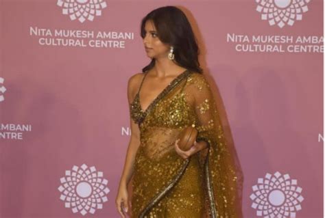 Suhana Khan Steals Spotlight in Sabyasachis Golden Sheer Saree & Heavily Embellished SEXY Blouse ...