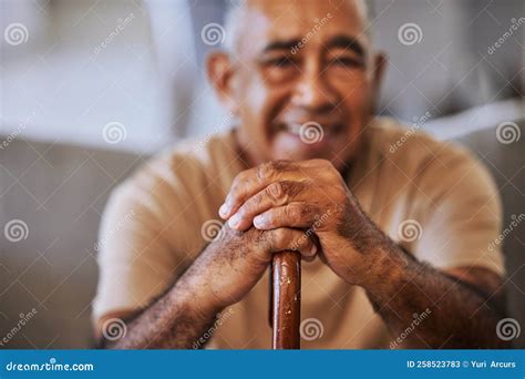 Portrait of a Happy, Kind Black Senior Man Hands with Wrinkles, Holding a Walking Stick and ...