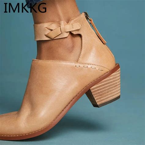 Women soft leather Boots Daily Chunky Heel Zip Shoes Breathable Female Comfortable Shoes New PU ...