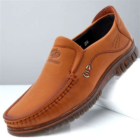 Men's Leather Breathable Slip-On Business Shoes with Non-Slip Comfy ...