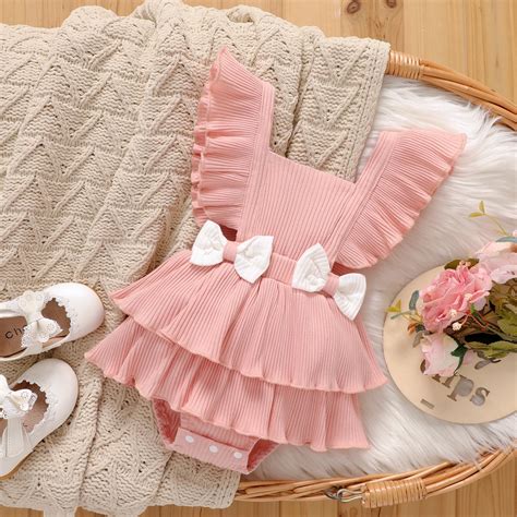 Baby Girl Pink Bow Front Ruffled with White Ribbon Layered Bodysuit ...