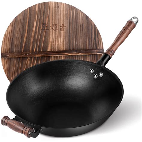 WANGYUANJI Cast Iron Wok Pan 12 inch Flat Bottom with Wooden Handle and ...