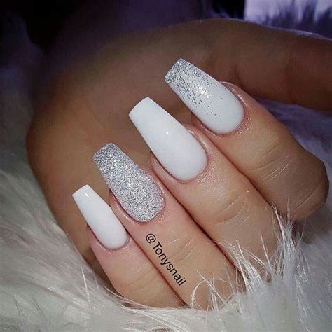 Short White Coffin Glitter Shaped Acrylic Nails - Tips Color Short ...