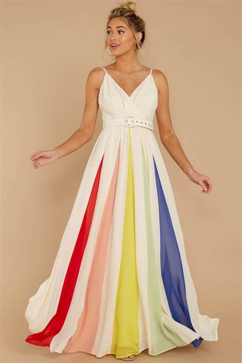 Stunning White Rainbow Stripe Maxi - Flowy Formal Gown - Dress - $58 – Red Dress | Rainbow prom ...