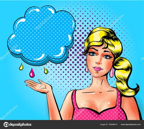 Vector pop art sad woman showing cloud with raindrops — Stock Vector © skypistudio #180995414
