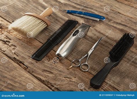 Barber Shop Equipment Set Isolated on Wooden Table Background. Stock ...