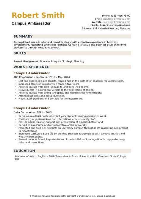 Campus Ambassador Resume Samples | QwikResume