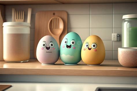 Easter Eggs Cute Character on a Kitchen Furniture. Pastel Eggs Cartoons Characters. Stock ...