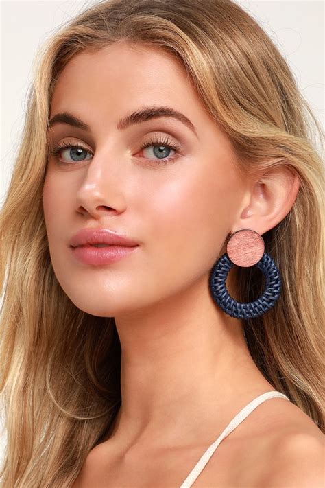 Navy Blue Earrings - Wooden Round Earrings - Woven Earrings - Lulus