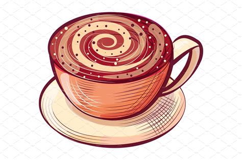 Sketch of Cappuccino in Cup, Aroma | Food Illustrations ~ Creative Market