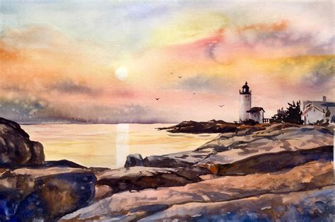 Sunrise at the Lighthouse - Original Watercolour Painting - Violetta ...