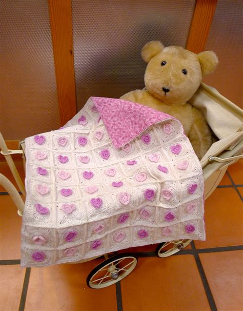 Crocheted Pram Cover in 3 ply with raised hearts in the centre. Pram ...