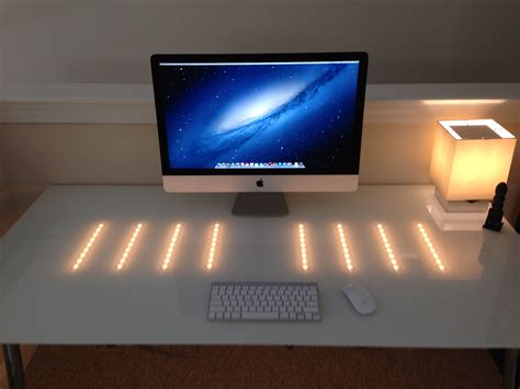 27" iMac, Ikea Galant white glass desk, led track lighting | Office Space | Pinterest | Track ...