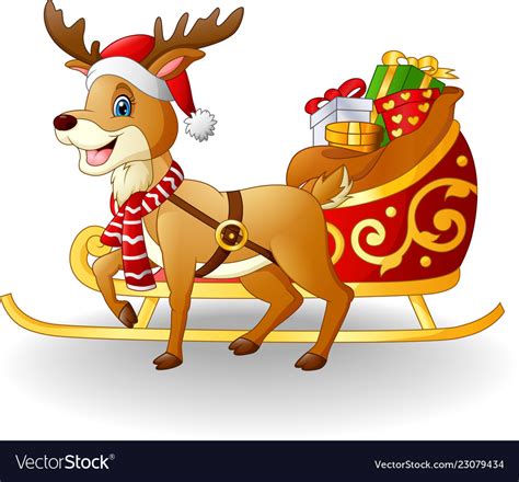 Cartoon reindeer with christmas sled sleigh and pr