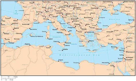 Single Color Mediterranean Map with Countries, Major Cities