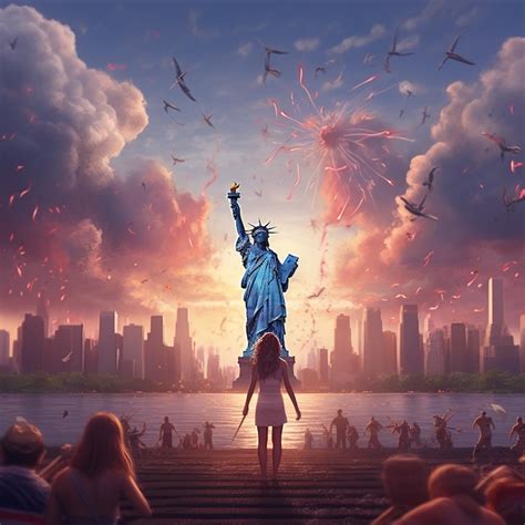 Premium AI Image | A girl stands in front of a statue of liberty and a city skyline.