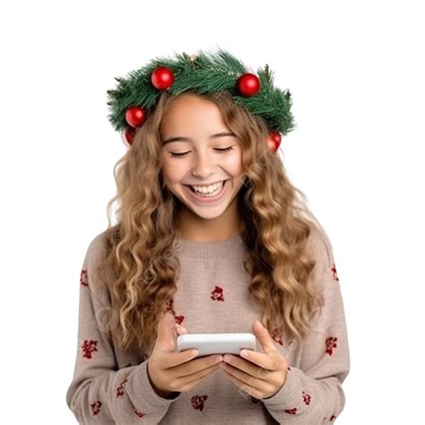 Happy Girl Holding Smartphone In Hands Wearing Funny Christmas Hoop, Christmas Girl, Christmas ...