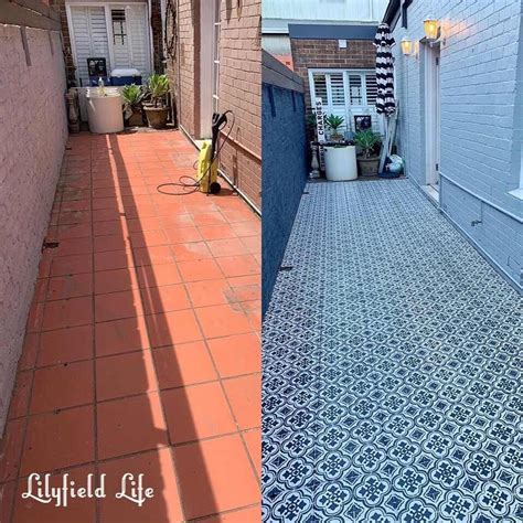 Affordable path update: stenciled tiles | Patio flooring, Outdoor tiles, Painted patio