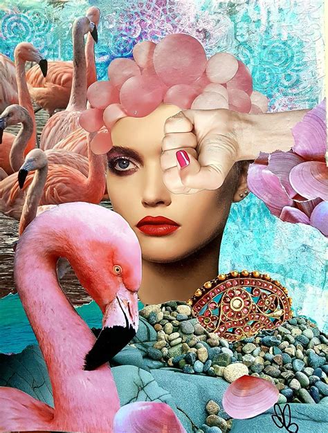 a collage of flamingos and a woman's face with pink flowers on her head