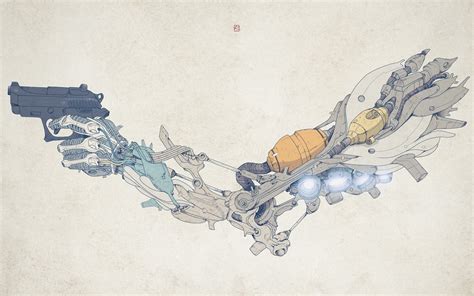 Wallpaper : drawing, illustration, gun, robot, futuristic, blue, cyborg, wires, sketch 1920x1200 ...