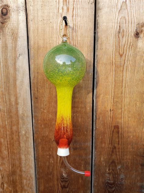 Hand Blown Glass Hummingbird Feeder Red Yellow and Green - Etsy