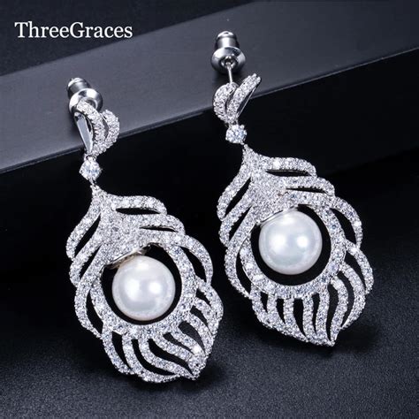 ThreeGraces Luxury White Gold Color Cubic Zirconia Crystal Long Big Bridal Pearl Earrings ...