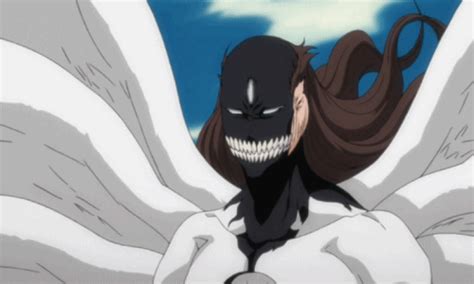 an anime character with long hair and big white wings in front of a cloudy sky