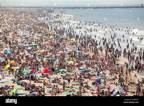 Netherlands, Scheveningen, near The Hague. Summertime on crowded beach. People enjoying sun and ...