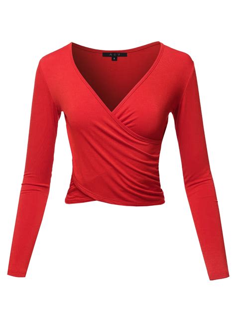 A2Y Women's Long Sleeve Deep V Neck Cross Wrap Crop Top T Shirts Red M ...