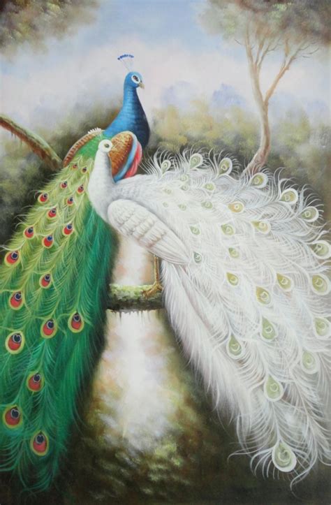 Blue and White Peacock Pair on Tree Branch Oil Painting Animal ...