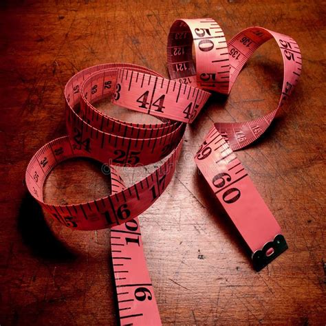 Coiled Pink Tape Measure on Weathered Wood Table. Stock Image - Image of craft, exercise: 96044935