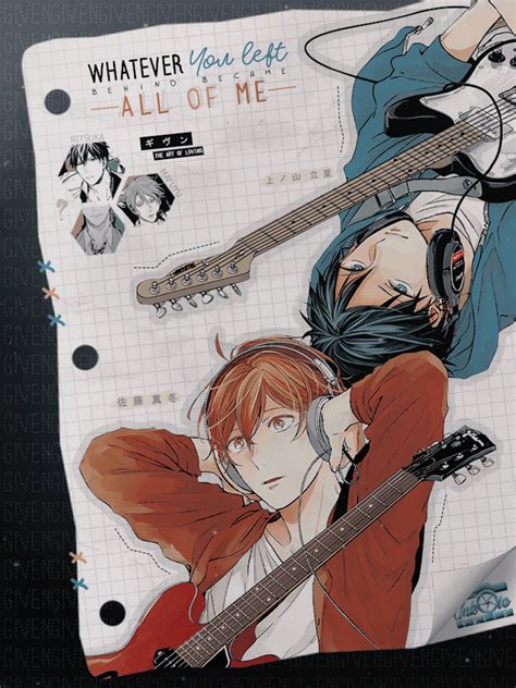 an anime character with headphones on and guitar in front of him, as if he is listening to music