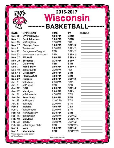 Printable 2016-2017 Wisconsin Badgers Basketball Schedule