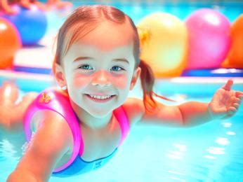 A little girl in a pink swimsuit swimming in a pool Image & Design ID 0000132462 ...