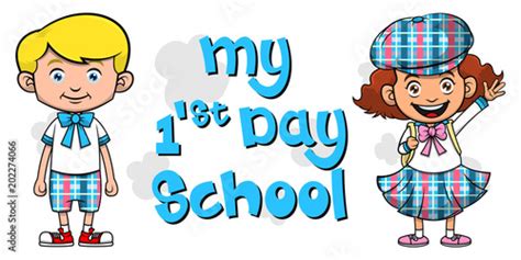 Boy and Girl ready for first day school cartoon vector Stock Vector ...