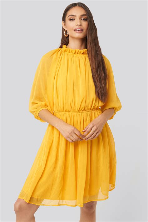 High Neck Elastic Waist Puff Dress Yellow | na-kdlounge.com