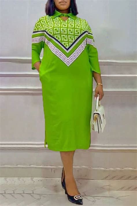 Stylish Elegant Geometric Print Plus Size Shirt Maxi Dress in 2023 | Long sleeve print dress ...