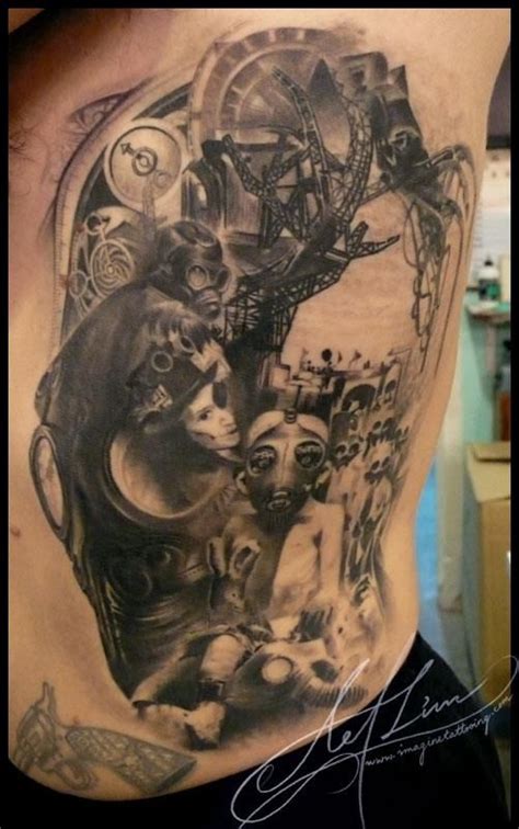 the back of a man's stomach with tattoos on his chest and pictures of animals