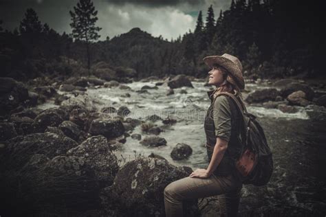 Beautiful Woman Hiker Near Wild Mountain River. Stock Photo - Image of ...