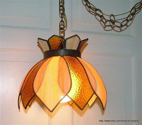 SOLD ~ Swag Light Shade Stained Glass Petal Shape Lighting Fixture Gold Amber Cream 1970 Hanging ...
