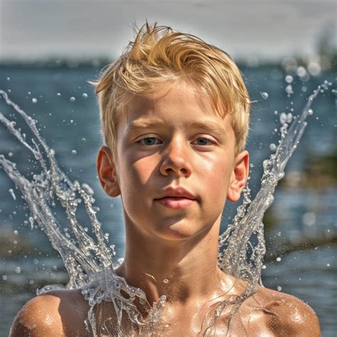 Portrait of boy 12yo blond hair beautiful face full body abs water jet friendly beautiful ...