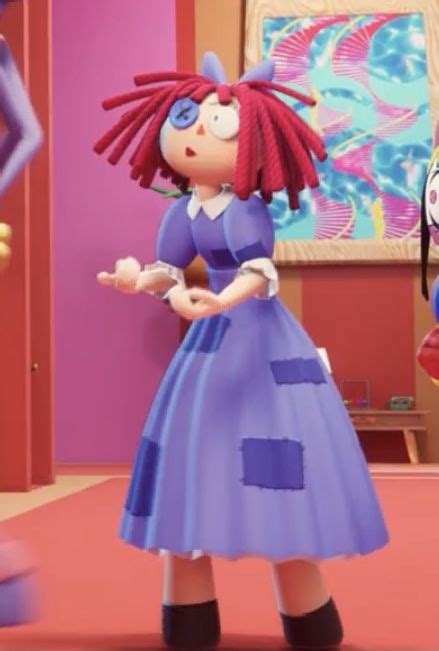 an animated image of a woman with red hair and blue eyes in a purple dress