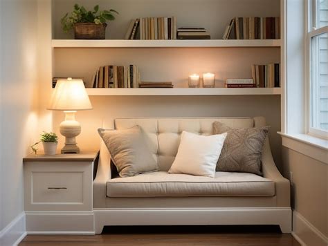 Premium AI Image | A cozy reading room with a sofa and a bookshelf